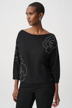 Pull Tricot Roses Clous Argentés Joseph Ribkoff – Noir | SKU 264957 | Pour la femme qui ose l’élégance florale | Bureau, Soirées & Week-end chic | Se porte rentré ou par-dessus
