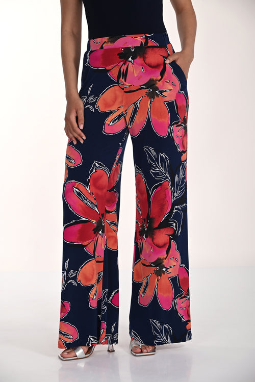 Pantalon Frank Lyman à jambe large avec imprimé floral multicolore sur fond foncé, conçu pour un style affirmé et élégant – Modèle 266357