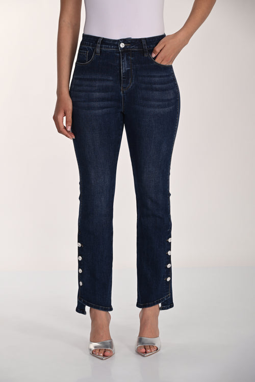 Pantalon denim tissé bleu nuit à détails boutons Frank Lyman 266508 – Coupe élégante et style contemporain pour la femme moderne, du bureau aux sorties chic