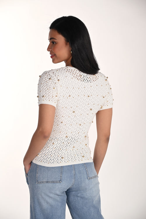 Haut élégant blanc cassé orné de perles dorées Frank Lyman 266510 – Raffinement délicat et glamour pour la femme moderne, des occasions spéciales au quotidien chic