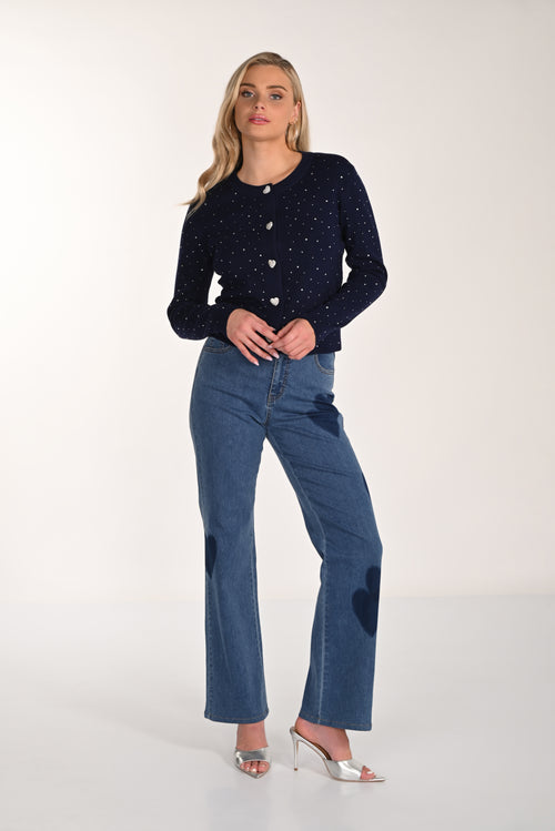 266512 Frank Lyman | Pantalon en denim tissé bleu avec motifs cœur – Coupe droite et esprit contemporain