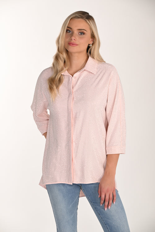Haut tissé blush Frank Lyman à manches 3/4 et col chemise, conçu pour une silhouette élégante et fluide – Modèle 266514