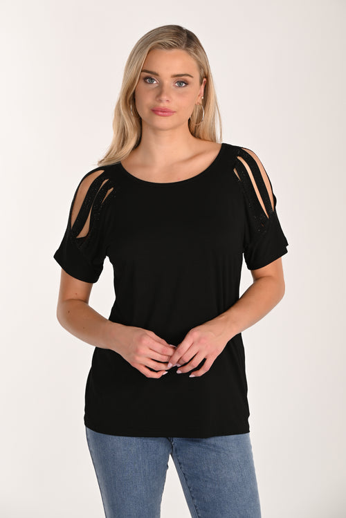 Haut Frank Lyman 266522 noir à manches courtes avec épaules ajourées et détails brillants – Idéal pour tenue chic décontractée ou sortie élégante