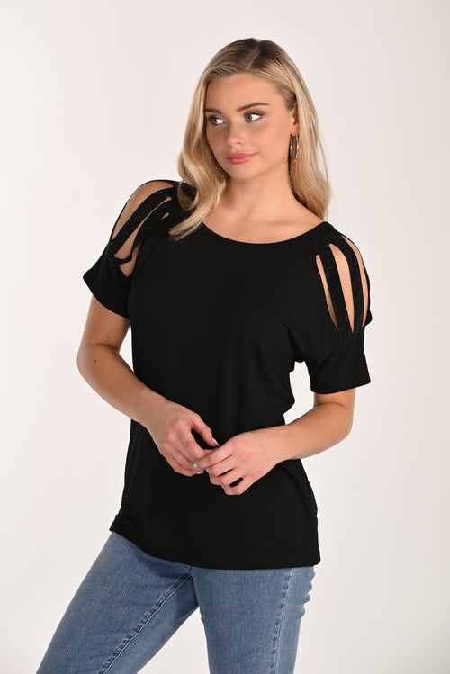 Haut Frank Lyman 266522 noir à manches courtes avec épaules ajourées et détails brillants – Idéal pour tenue chic décontractée ou sortie élégante
