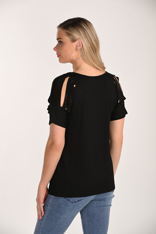 Haut Frank Lyman 266522 noir à manches courtes avec épaules ajourées et détails brillants – Idéal pour tenue chic décontractée ou sortie élégante