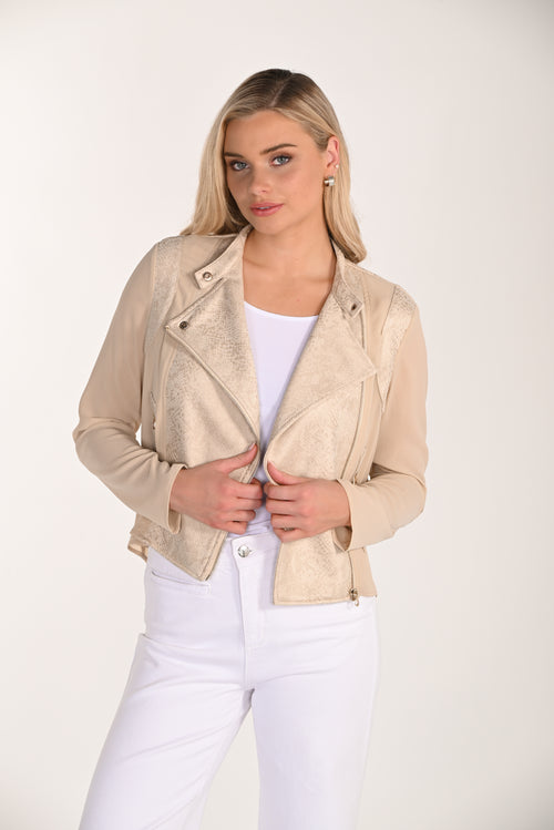Veste Moto Suède Brodée Frank Lyman (266544) — pour la femme qui adoucit le rock avec de la dentelle, qui l’enfile sur tout et qui choisit le beige quand elle veut être lumineuse sans effort