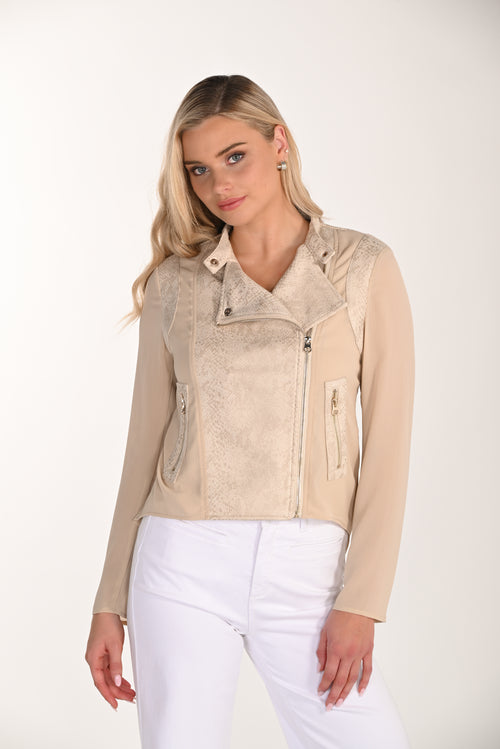 Veste Moto Suède Brodée Frank Lyman (266544) — pour la femme qui adoucit le rock avec de la dentelle, qui l’enfile sur tout et qui choisit le beige quand elle veut être lumineuse sans effort