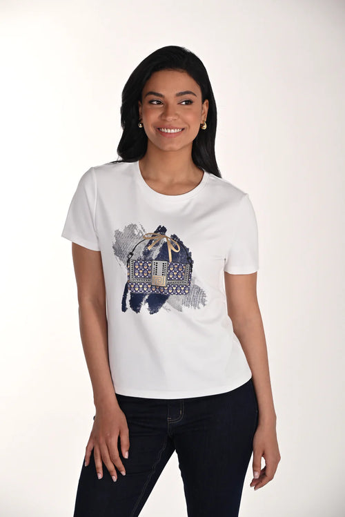 T-shirt Frank Lyman 266583 pour femme – Haut blanc à motif sac décoratif au style chic et contemporain