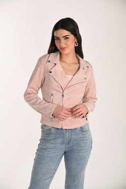 Veste moto rose pâle en suède à strass – 266596 – Une pièce audacieuse et glamour pour une allure chic et tendance – Frank Lyman
