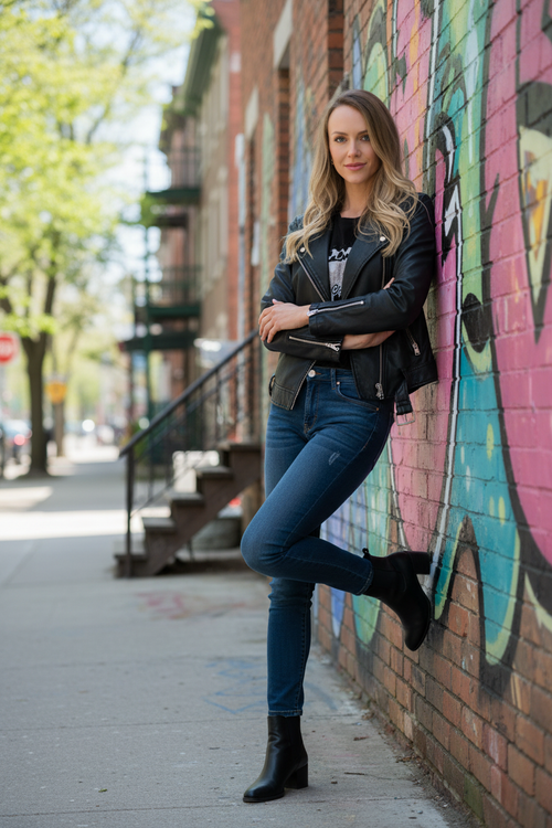 3. Appuyée mur graffiti + jeans et veste cuir