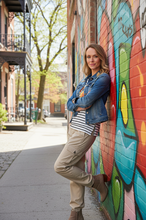 3. Appuyée mur street art + cargo beige et veste denim