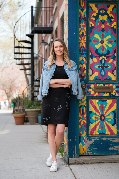 3. Appuyée porte colorée + veste denim et sneakers