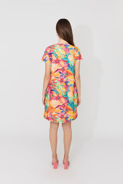 Robe Compli K 36005 tropicale imprimé floral multicolore pour femme – Vibrante et élégante, parfaite pour été, vacances et occasions