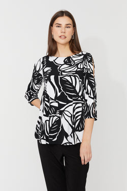 Haut à imprimé feuilles tropicales graphiques noir et blanc – 36011 – Un haut moderne et chic pour une allure bold et féminine – Compli K
