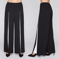 Pantalon Palazzo Noir Bande Blanche Latérale Style Smoking Taille Haute Élastique Compli K 50204 — Pour la femme au style architectural, portez-le au bureau sous un blazer, en soirée avec un top scintillant