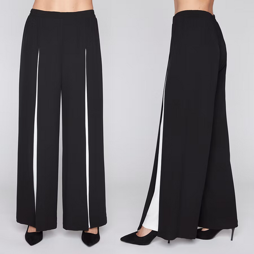Pantalon Palazzo Noir Bande Blanche Latérale Style Smoking Taille Haute Élastique Compli K 50204 — Pour la femme au style architectural, portez-le au bureau sous un blazer, en soirée avec un top scintillant
