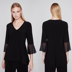 Haut Col V Manches 3/4 Volants Mousseline Signature Compli K 50303 — Pour la femme qui transforme chaque occasion en moment de grâce, portez-le au bureau sur un pantalon slim, en soirée avec une jupe satin, ou en cocktail avec un pantalon palazzo