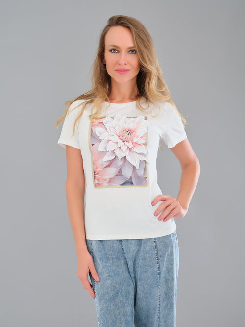 T-shirt Tricotto 56233 blanc imprimé floral rose relief pour femme – Féminin et raffiné, parfait pour quotidien, sorties et été