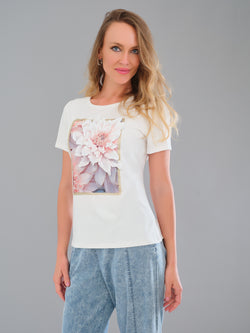 T-shirt Tricotto 56233 blanc imprimé floral rose relief pour femme – Féminin et raffiné, parfait pour quotidien, sorties et été