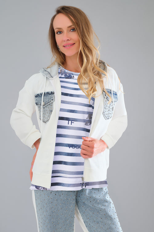 Haut Tricotto 56252 blanc rayé bleu inscriptions graphiques pour femme – Décontracté et tendance, parfait pour quotidien, sorties et vacances