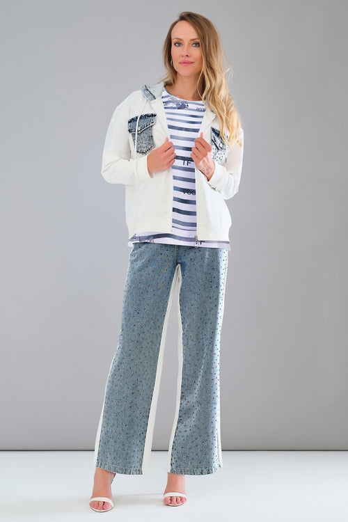 Haut Tricotto 56252 blanc rayé bleu inscriptions graphiques pour femme – Décontracté et tendance, parfait pour quotidien, sorties et vacances