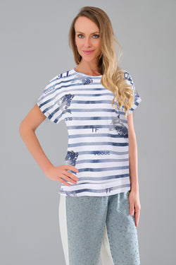 Haut Tricotto 56252 blanc rayé bleu inscriptions graphiques pour femme – Décontracté et tendance, parfait pour quotidien, sorties et vacances