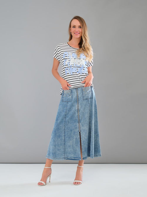 Haut Tricotto 56263 blanc cassé rayé noir message bleu pour femme – Décontracté et tendance, parfait pour quotidien, sorties et vacances