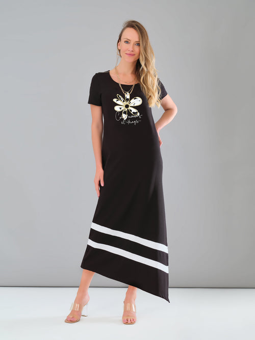 Robe Tricotto 56417 longue noire motif cœur floral blanc pour femme – Élégante et féminine, parfaite pour sorties, occasions et événements