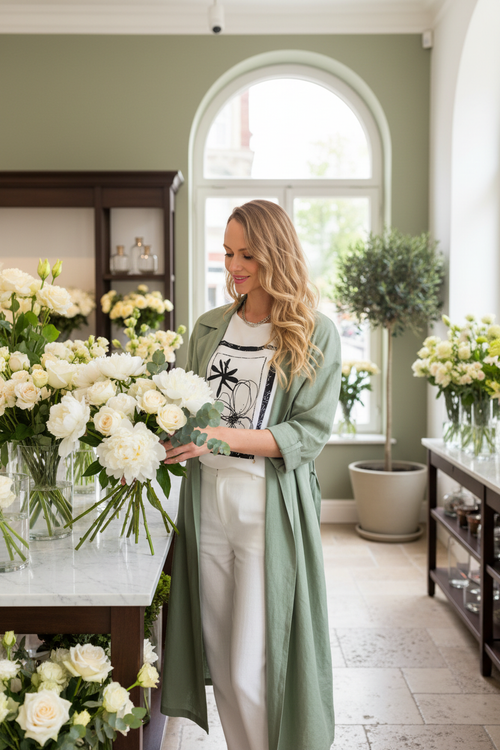 6. Boutique fleuriste luxe + trench lin vert sauge et pantalon blanc