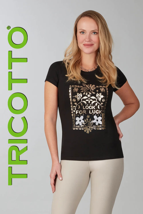 T-shirt noir Tricotto 637-S25 à imprimé doré « Look for Luck » – style chic décontracté féminin