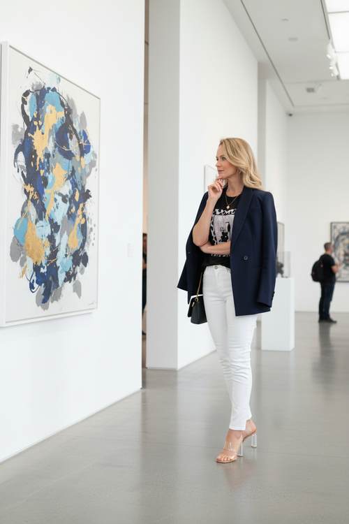 7. Galerie d'art contemplative + blazer marine et jeans blanc
