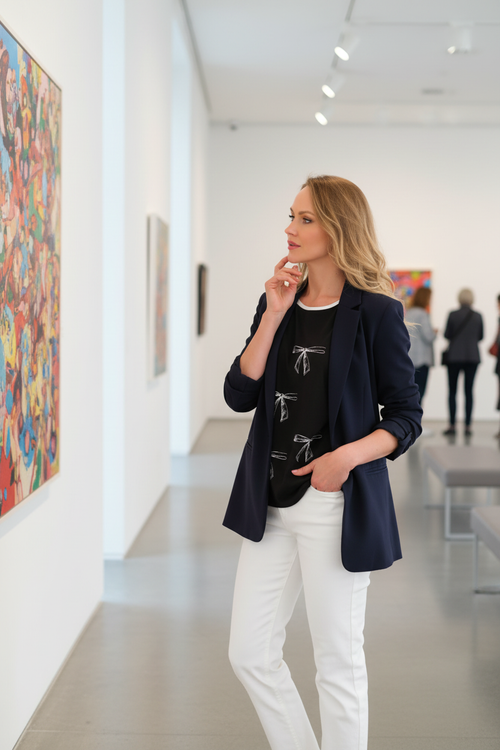 7. Galerie d'art contemplative + blazer marine et jeans blanc