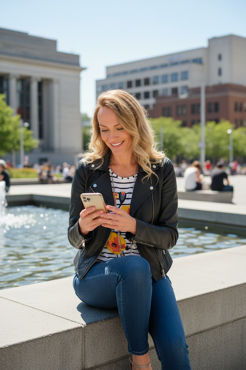8. Assise fontaine avec téléphone + veste cuir et jeans noir
