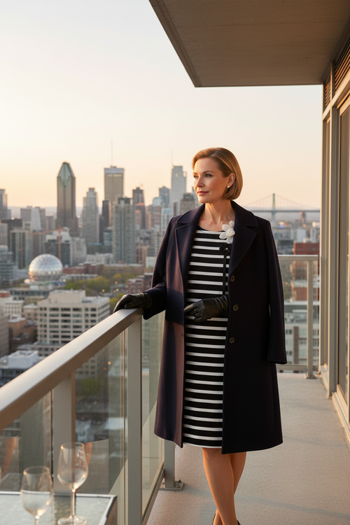 8. Balcon penthouse skyline + manteau marine et gants cuir