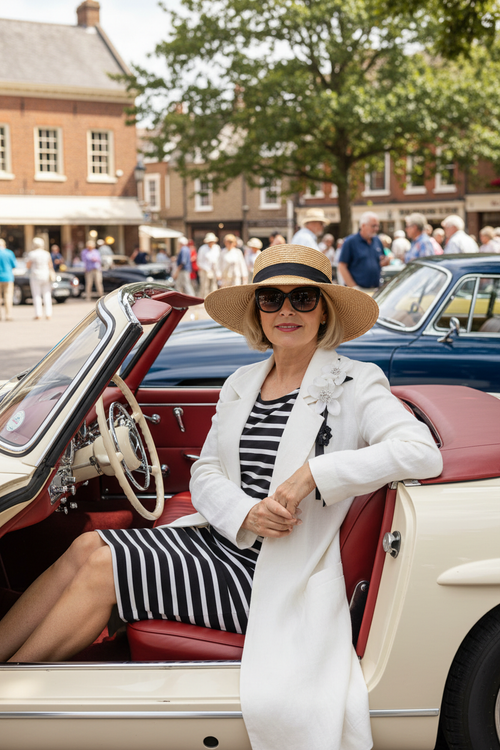 9. Voiture vintage décapotable + manteau lin ivoire et chapeau