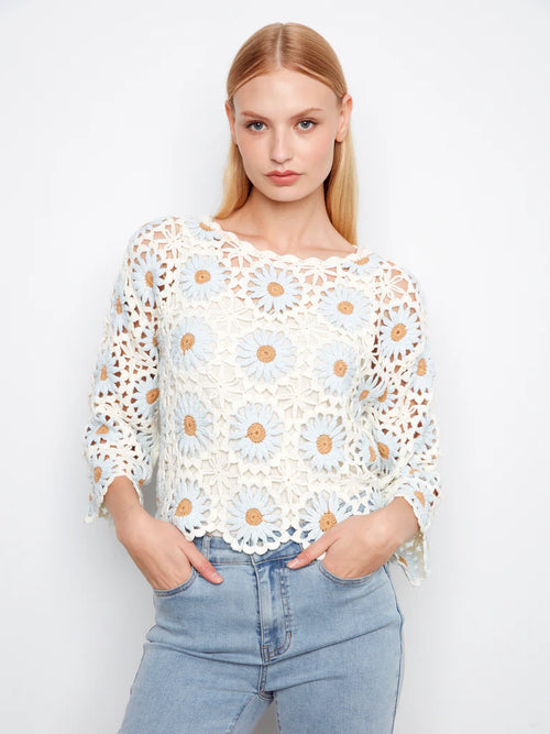 Haut Charlie B C2941-267C-P262 blanc crochet ajouré marguerites pour femme – Romantique bohème, parfait pour plage, été, brunch et vacances