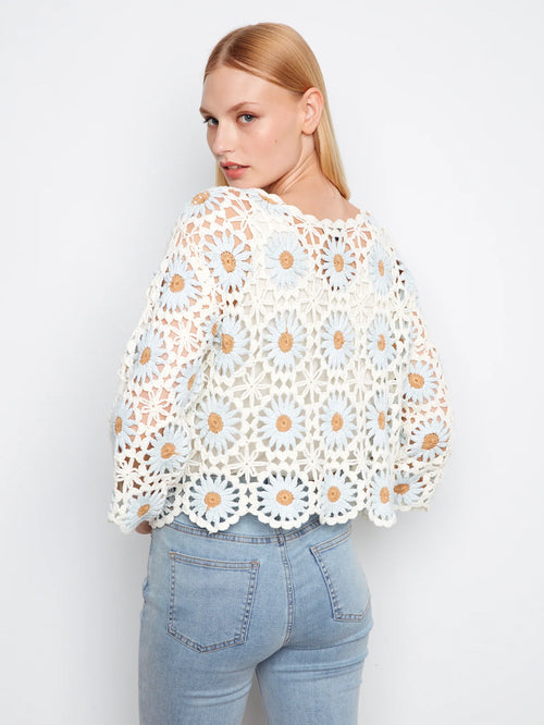 Haut Charlie B C2941-267C-P262 blanc crochet ajouré marguerites pour femme – Romantique bohème, parfait pour plage, été, brunch et vacances