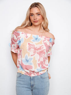 Haut Charlie B C4554PR-808B-P971 imprimé floral encolure bardot pour femme – Romantique et féminin, parfait pour sorties, vacances et occasions