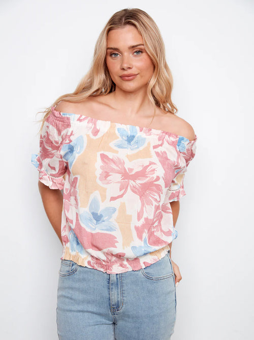 Haut Charlie B C4554PR-808B-P971 imprimé floral encolure bardot pour femme – Romantique et féminin, parfait pour sorties, vacances et occasions