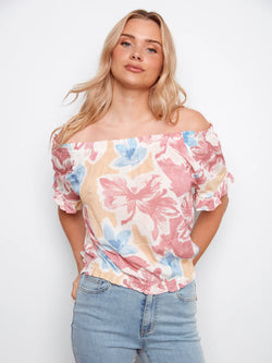 Haut Charlie B C4554PR-808B-P971 imprimé floral encolure bardot pour femme – Romantique et féminin, parfait pour sorties, vacances et occasions