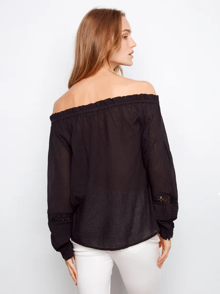 Haut Charlie B C4642-472C-001 noir épaules dénudées broderies pour femme – Romantique et bohème, parfait pour été, sorties, soirées et occasions