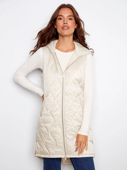 Manteau Charlie B C6365 matelassé 3/4 crème capuchon pour femme – Léger et polyvalent, parfait pour quotidien, sorties et mi-saison