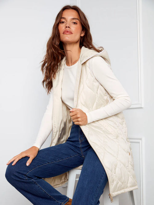 Manteau Charlie B C6365 matelassé 3/4 crème capuchon pour femme – Léger et polyvalent, parfait pour quotidien, sorties et mi-saison