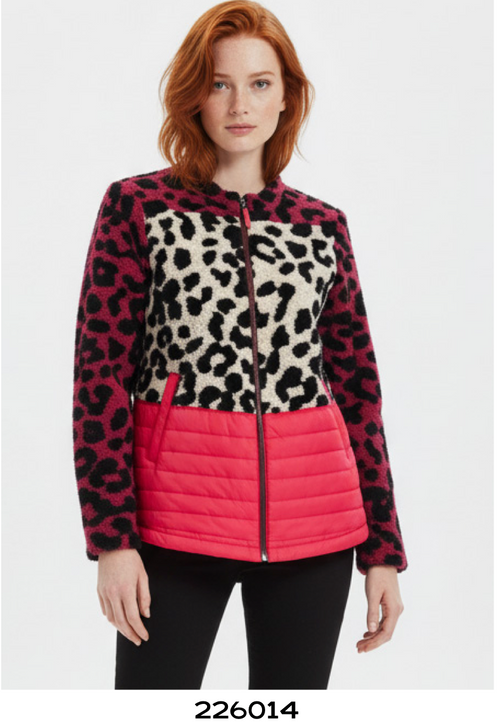 Veste Zippée à Panneaux Léopard et Bas Matelassé Rose et Écru Scorzzo 226014 — Pour la femme au chic audacieux, parce que ses contrastes signent la silhouette, en ville avec un jean bleu ou au déjeuner sur un pantalon noir