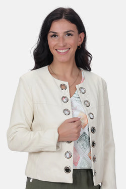 Veste Ness N117126 blanche gros boutons argentés pour femme – Minimalisme scandinave, parfaite pour bureau, quotidien chic et occasions