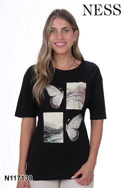 Chandail Ness N117138 noir imprimé papillons paysages artistiques pour femme – Créatif et moderne, parfait pour quotidien, sorties et occasions