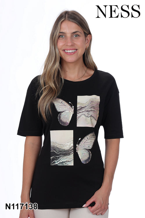 Chandail Ness N117138 noir imprimé papillons paysages artistiques pour femme – Créatif et moderne, parfait pour quotidien, sorties et occasions