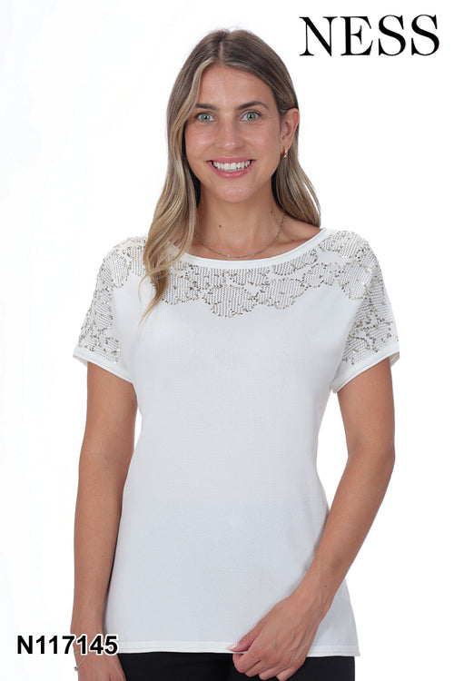 Haut Ness N117145 blanc détails dentelle pour femme – Élégant et romantique, parfait pour quotidien, sorties et occasions