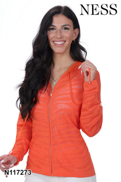 Veste Ness N117154 orange tricot ajouré fermeture zippée pour femme – Légère et vibrante, parfaite pour quotidien, sorties et mi-saison