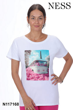 Chandail Ness N117168 blanc imprimé van Paris fleurs roses pour femme – Romantique et créatif, parfait pour quotidien, sorties et occasions